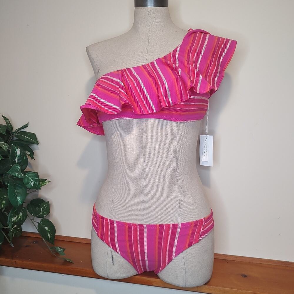 Trina Turk Marai Ruffle One Shoulder Bikini Top & French Hipster Size 8